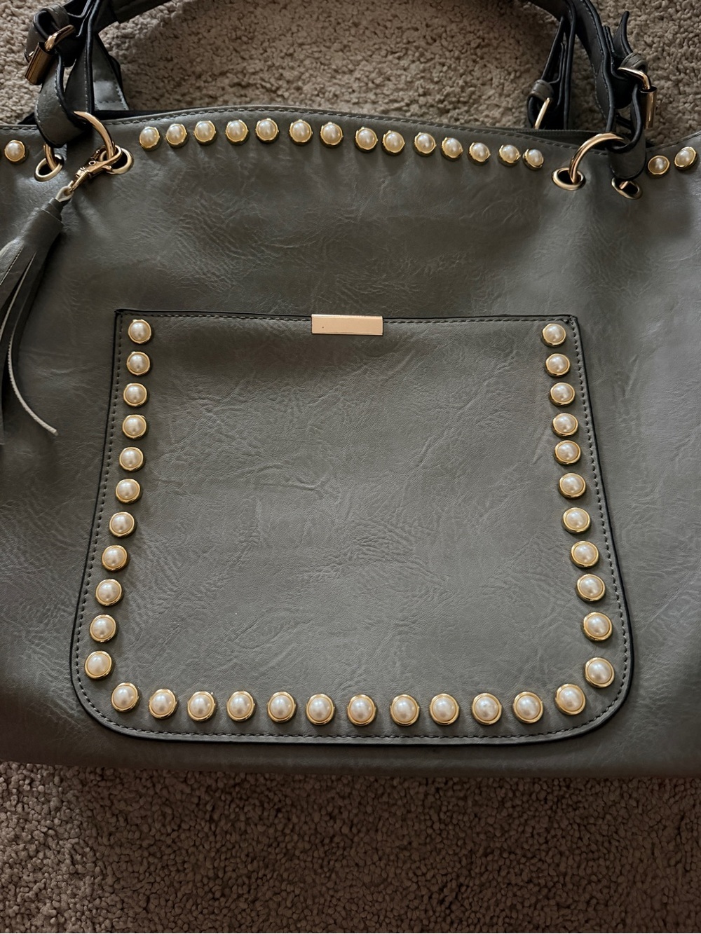 Yoki Dark Gray Studded Tote with Tassel and Pearls - Picture 4 of 10